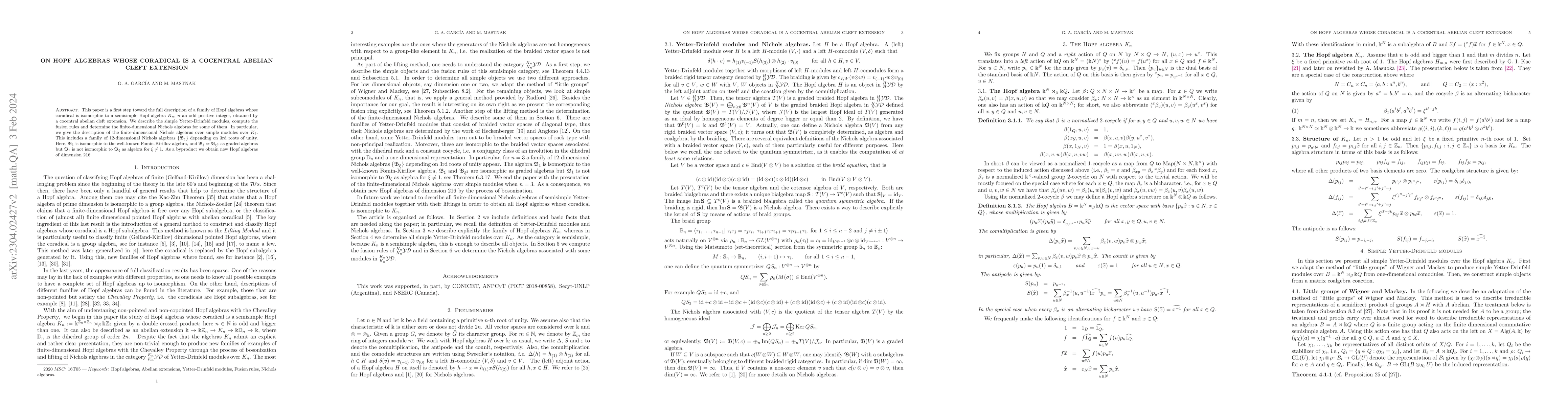 Thumbnail for On Hopf algebras whose coradical is a cocentral abelian cleft extension