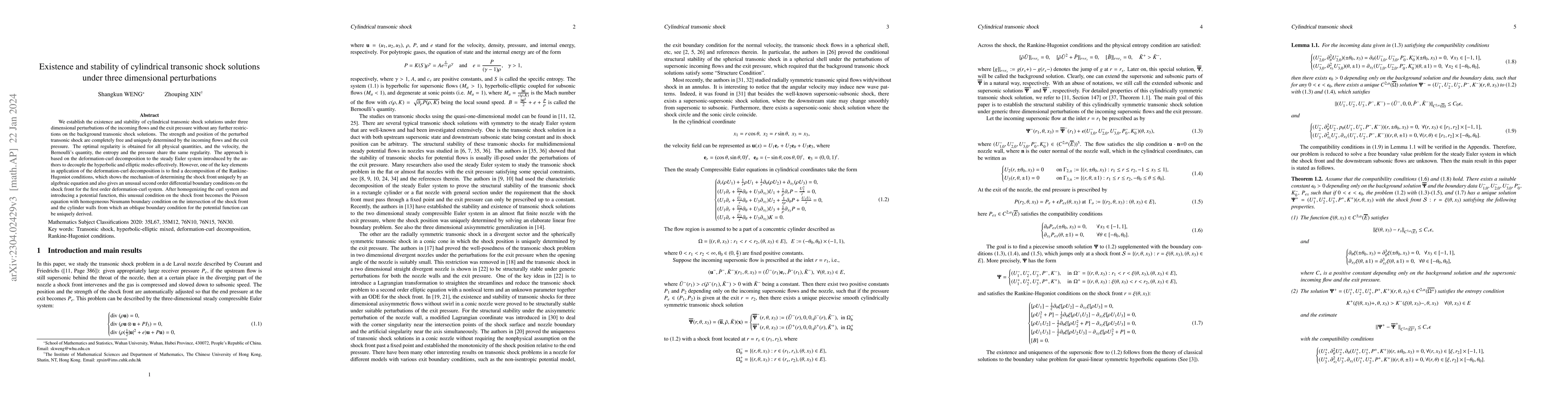 Thumbnail for Existence and stability of cylindrical transonic shock solutions under
  three dimensional perturbations