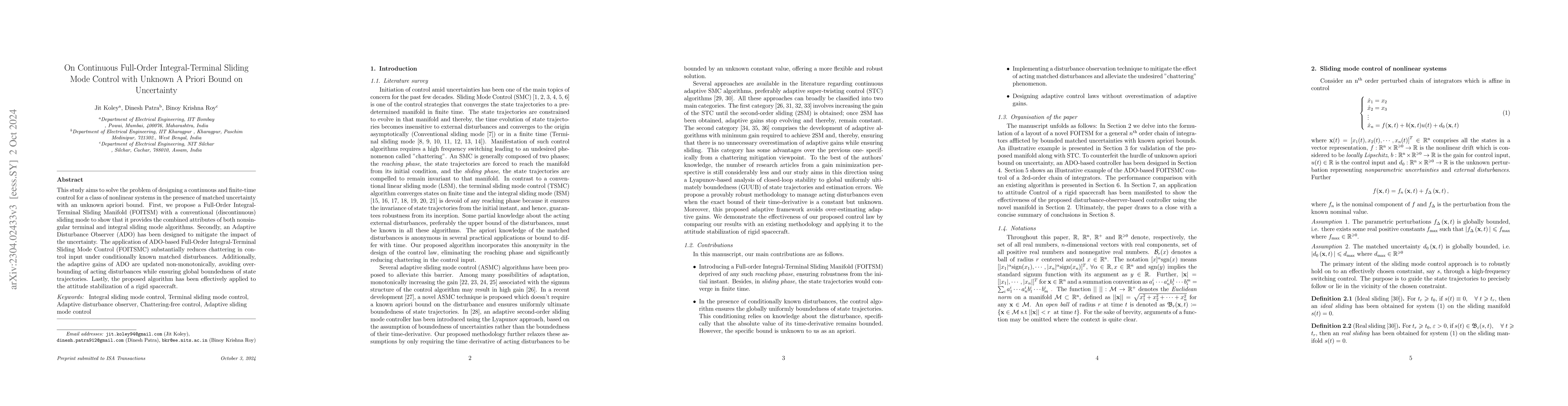 Thumbnail for On Continuous Full-Order Integral-Terminal Sliding Mode Control with
  Unknown Apriori Bound on Uncertainty