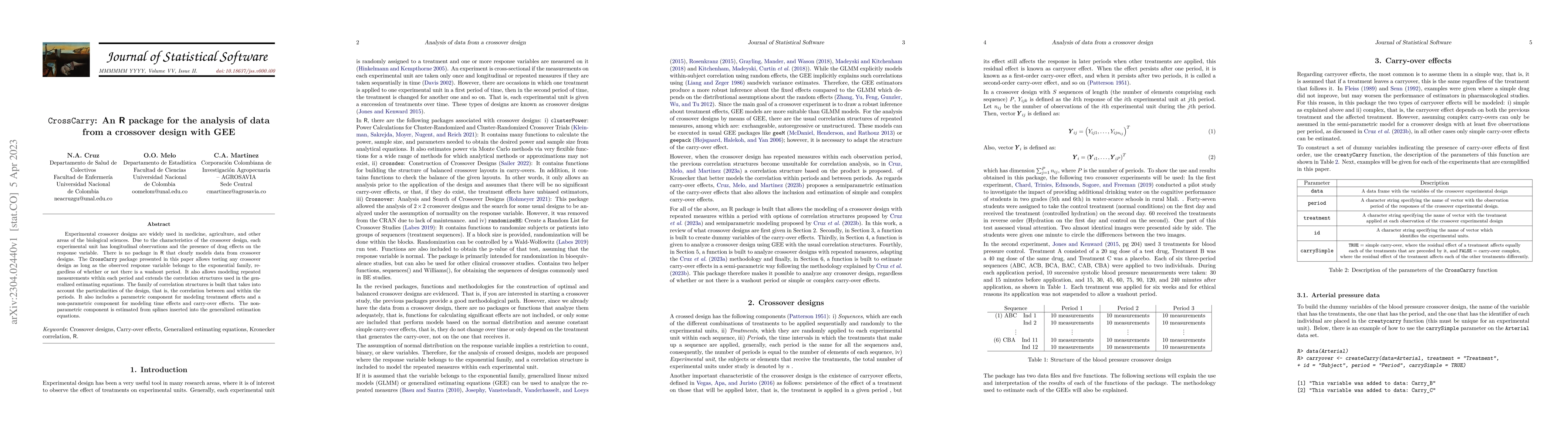 Thumbnail for CrossCarry: An R package for the analysis of data from a crossover
  design with GEE