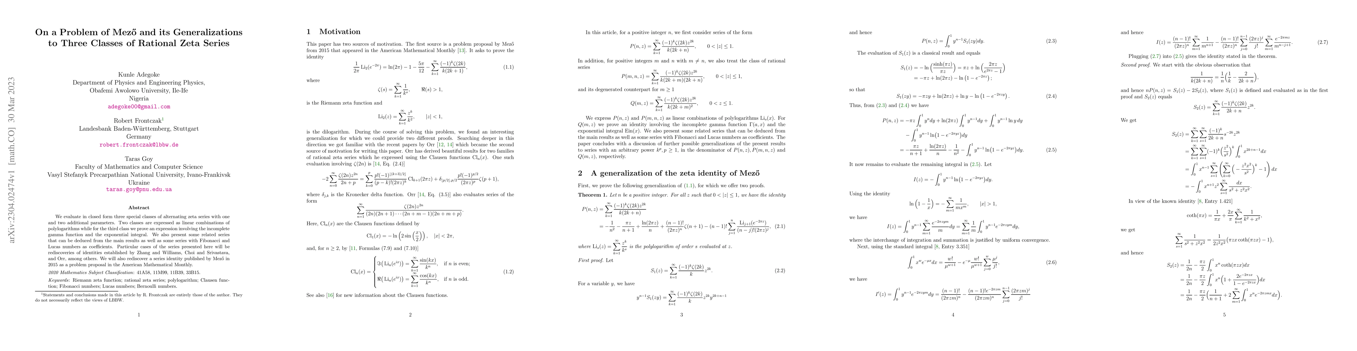 Thumbnail for On a problem of Mez\H{o} and its generalizations to three classes of
  rational zeta series