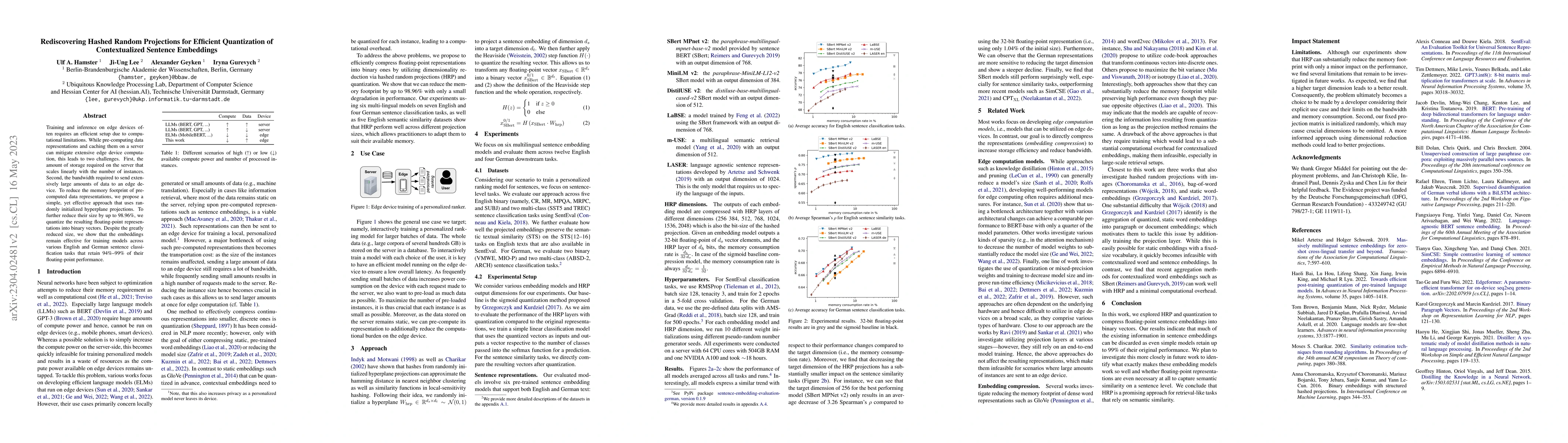 Thumbnail for Rediscovering Hashed Random Projections for Efficient Quantization of
  Contextualized Sentence Embeddings