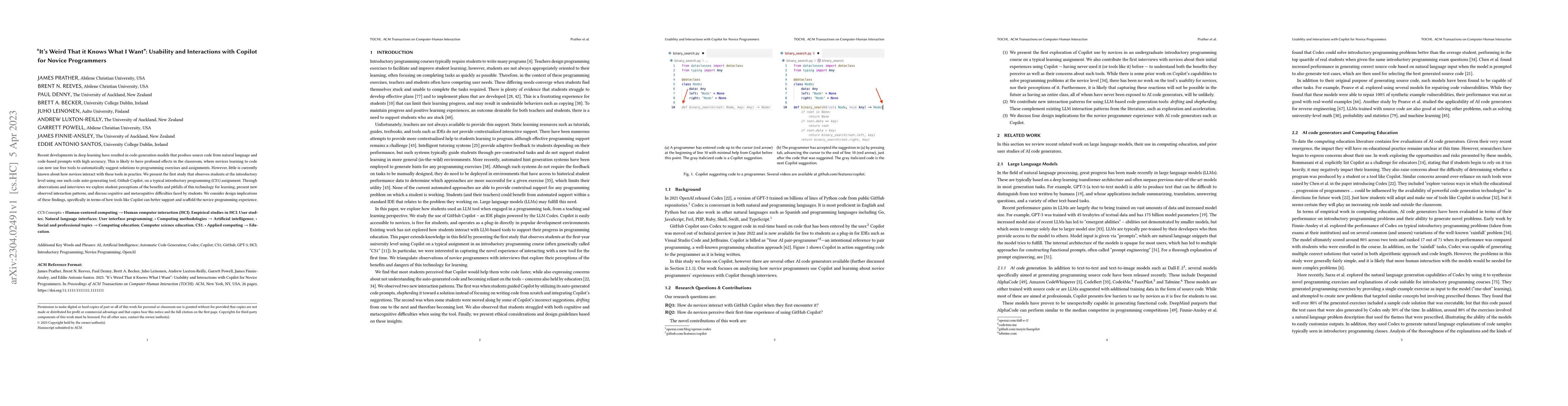 Thumbnail for "It's Weird That it Knows What I Want": Usability and Interactions with
  Copilot for Novice Programmers