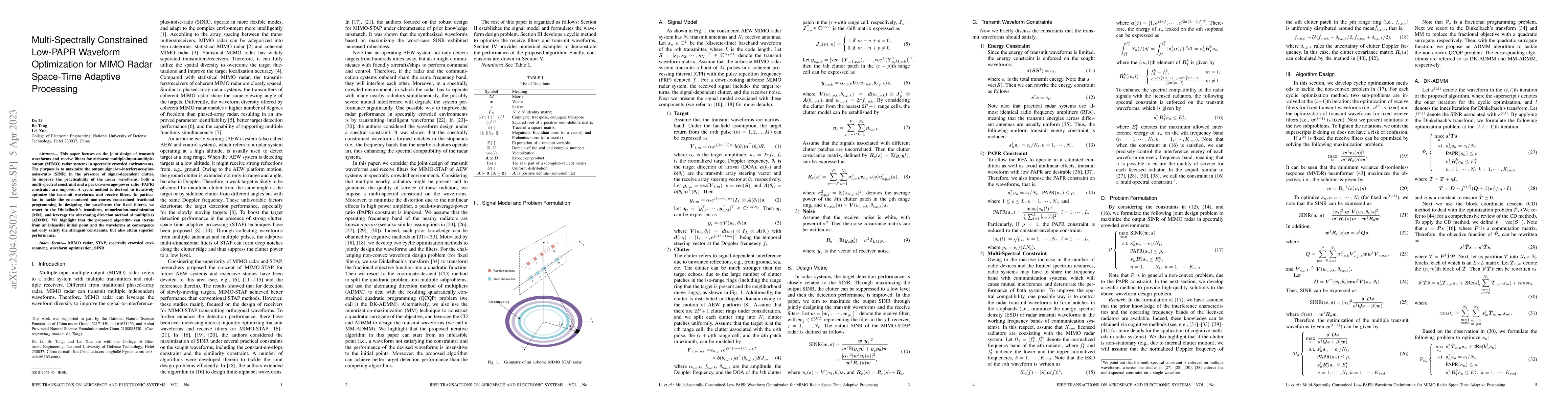 Thumbnail for Multi-Spectrally Constrained Low-PAPR Waveform Optimization for MIMO
  Radar Space-Time Adaptive Processing
