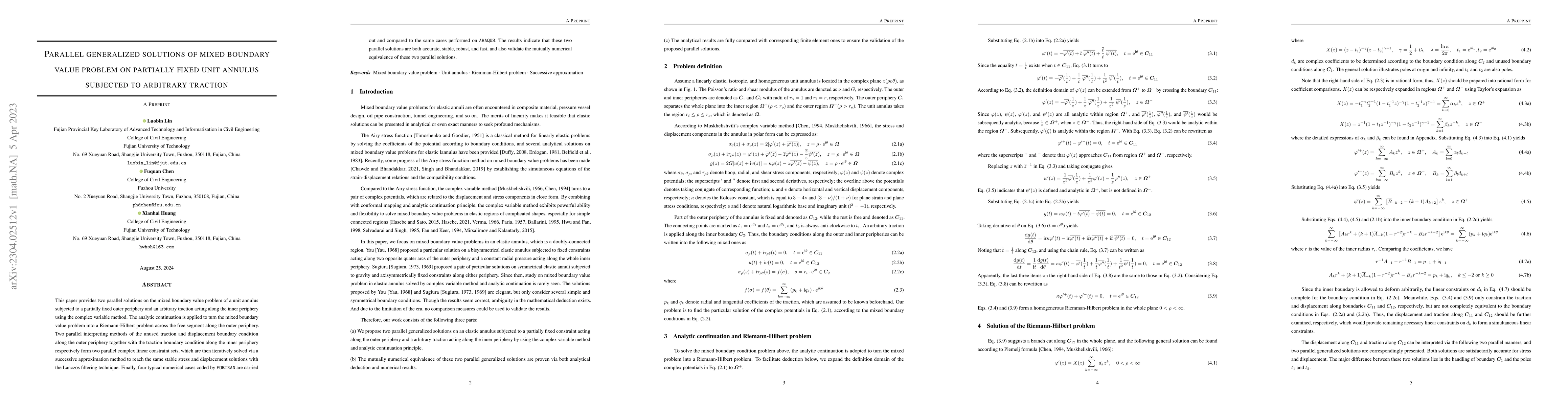 Thumbnail for Parallel generalized solutions of mixed boundary value problem on
  partially fixed unit annulus subjected to arbitrary traction