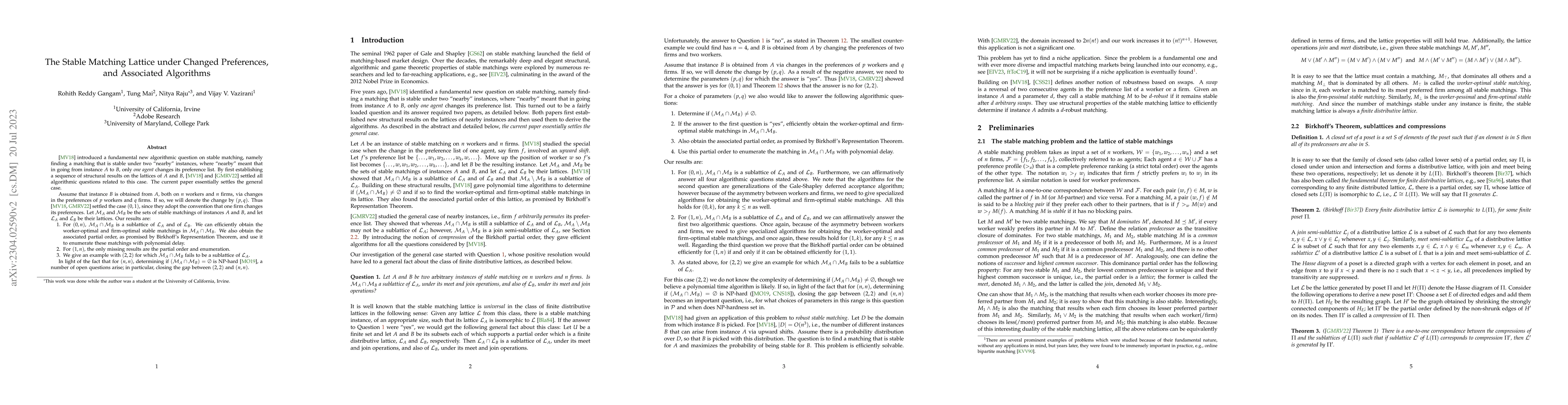 Thumbnail for The Stable Matching Lattice under Changed Preferences, and Associated
  Algorithms