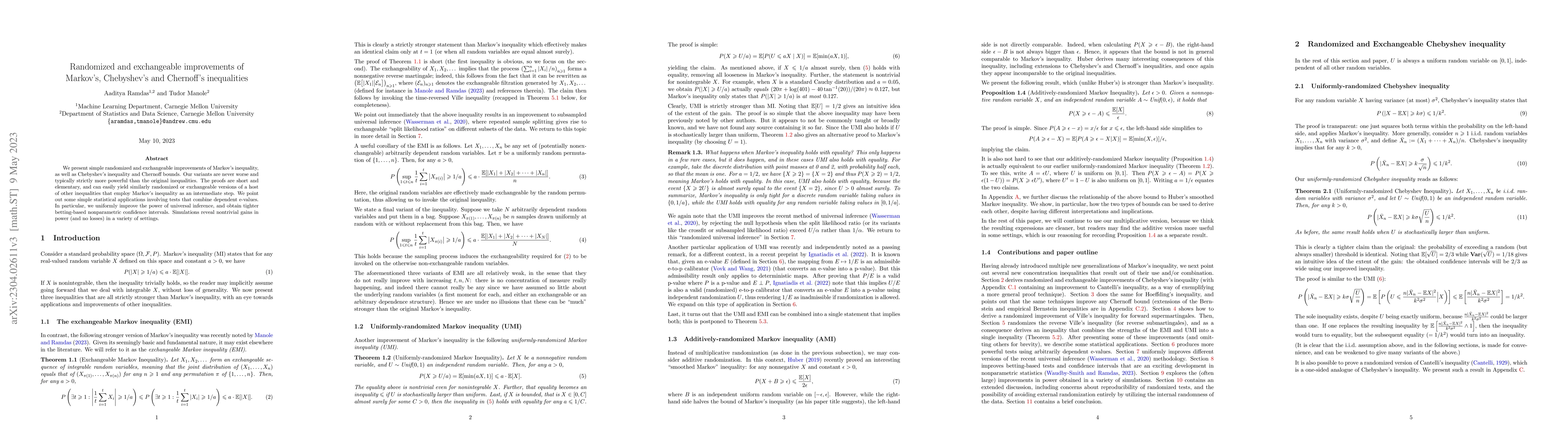 Thumbnail for Randomized and Exchangeable Improvements of Markov's, Chebyshev's and
  Chernoff's Inequalities