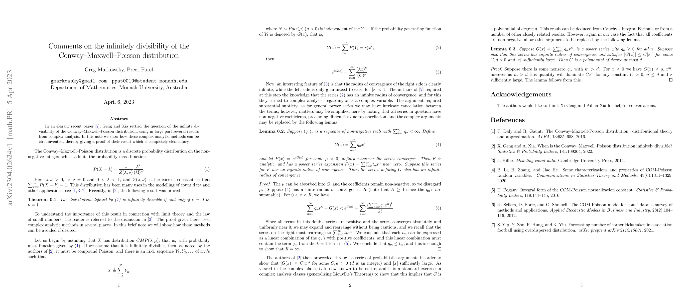 Thumbnail for Comments on the infinitely divisibility of the Conway--Maxwell--Poisson
  distribution