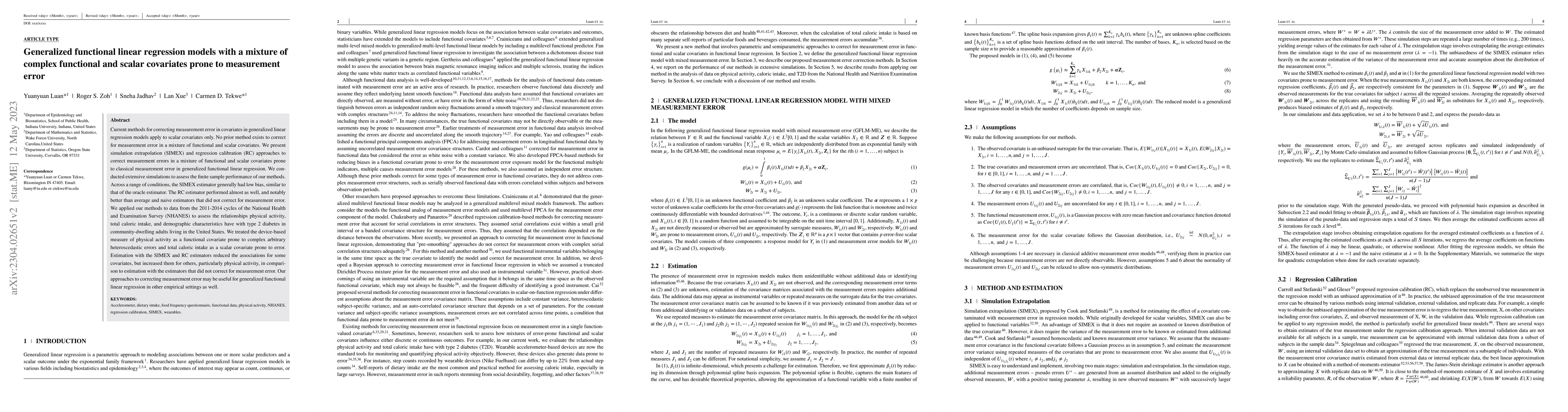 Thumbnail for Generalized functional linear regression models with a mixture of
  complex function-valued and scalar-valued covariates prone to measurement
  error