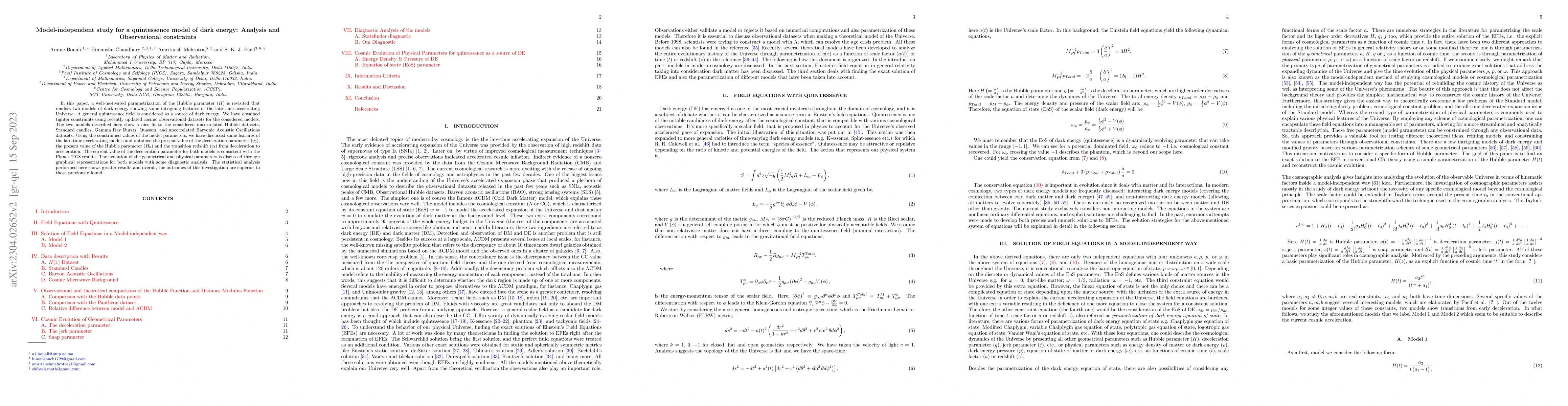 Thumbnail for Model-independent study for a quintessence model of dark energy:
  Analysis and Observational constraints