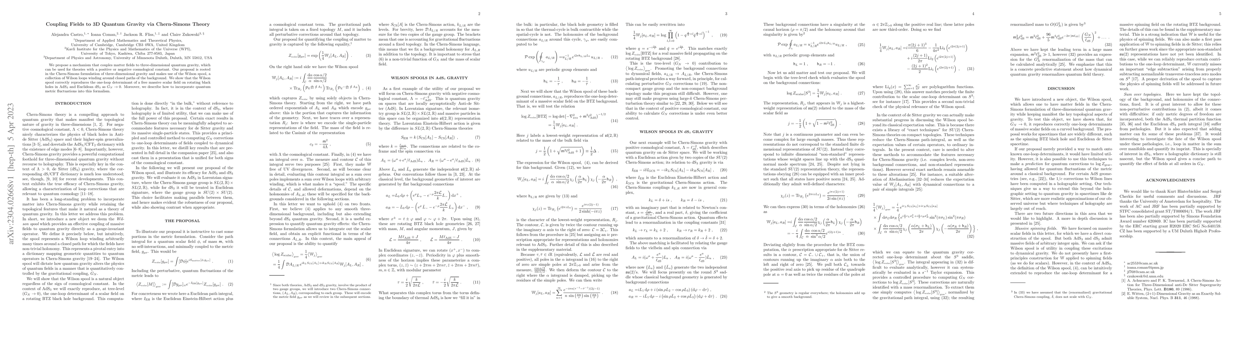Thumbnail for Coupling Fields to 3D Quantum Gravity via Chern-Simons Theory