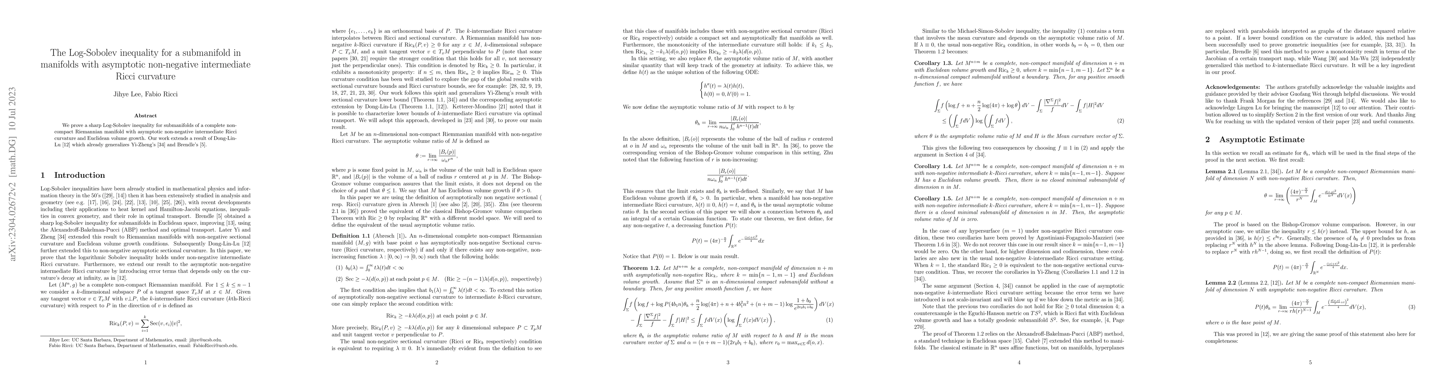 Thumbnail for The Log-Sobolev inequality for a submanifold in manifolds with
  asymptotic non-negative intermediate Ricci curvature