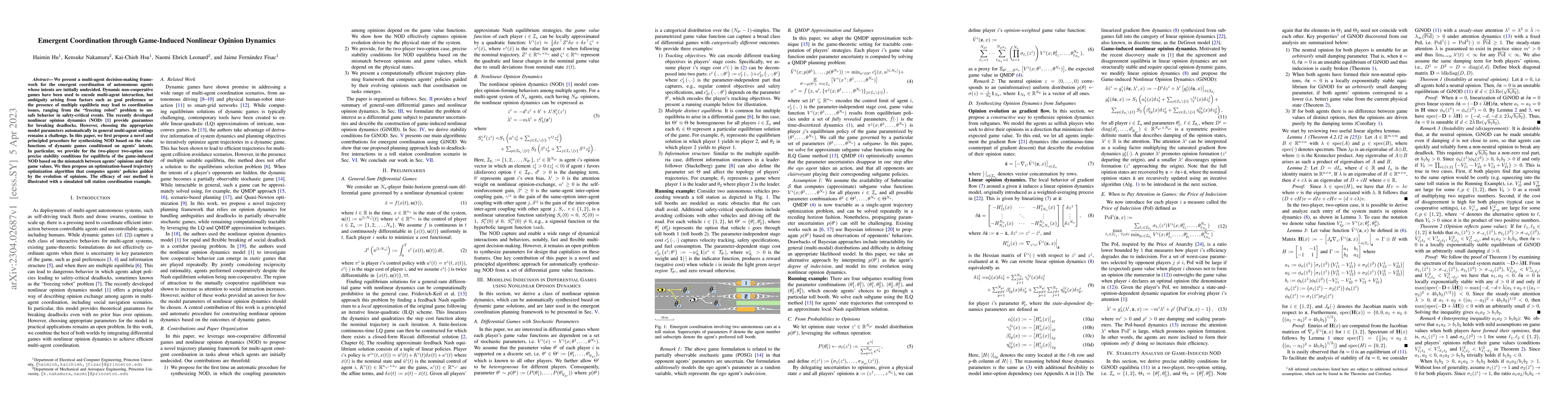 Thumbnail for Emergent Coordination through Game-Induced Nonlinear Opinion Dynamics