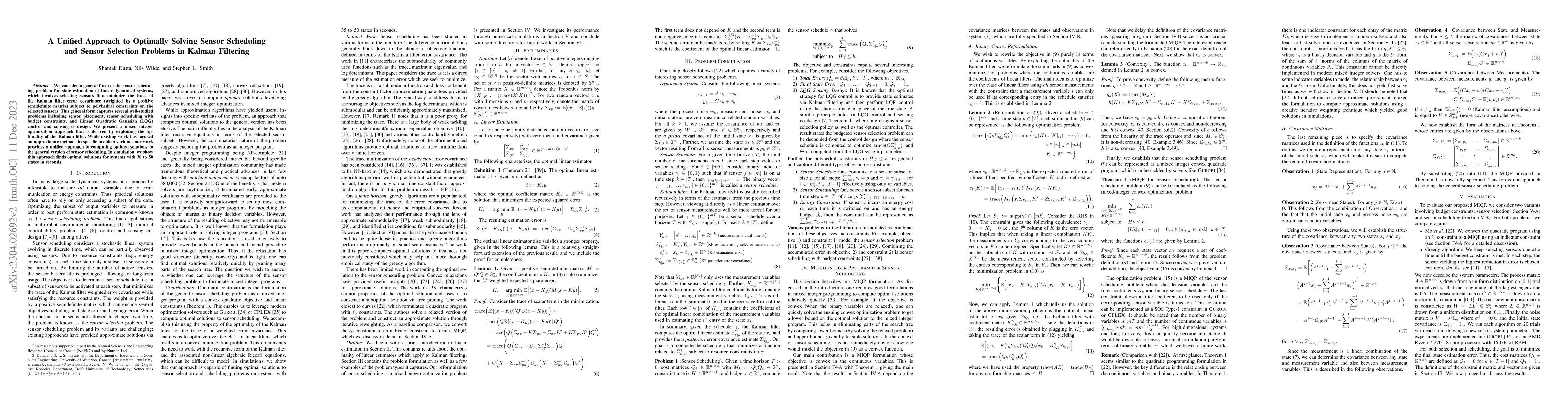 Thumbnail for A Unified Approach to Optimally Solving Sensor Scheduling and Sensor
  Selection Problems in Kalman Filtering