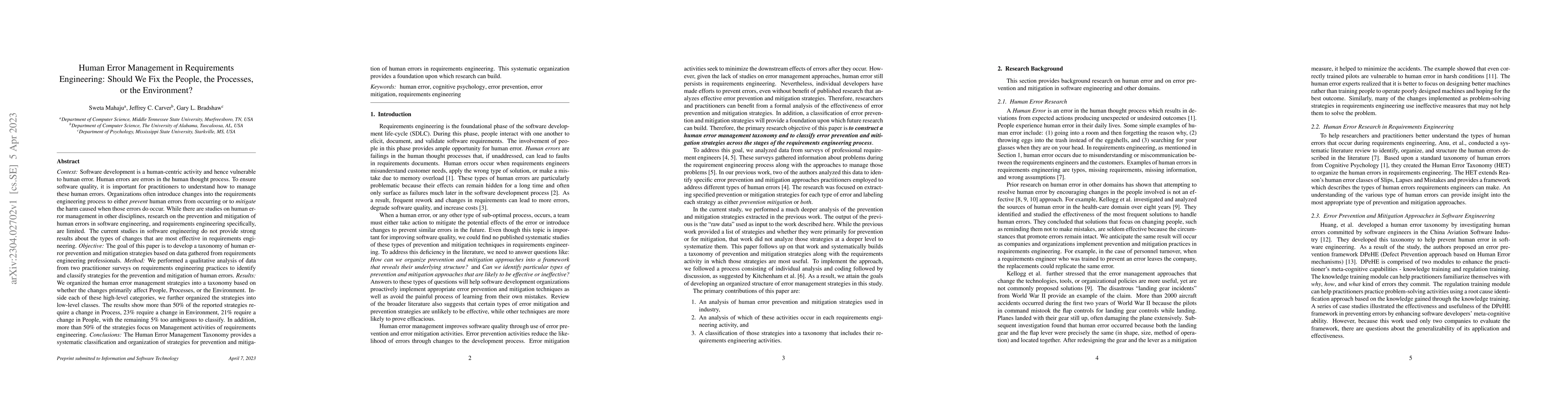 Thumbnail for Human Error Management in Requirements Engineering: Should We Fix the
  People, the Processes, or the Environment?
