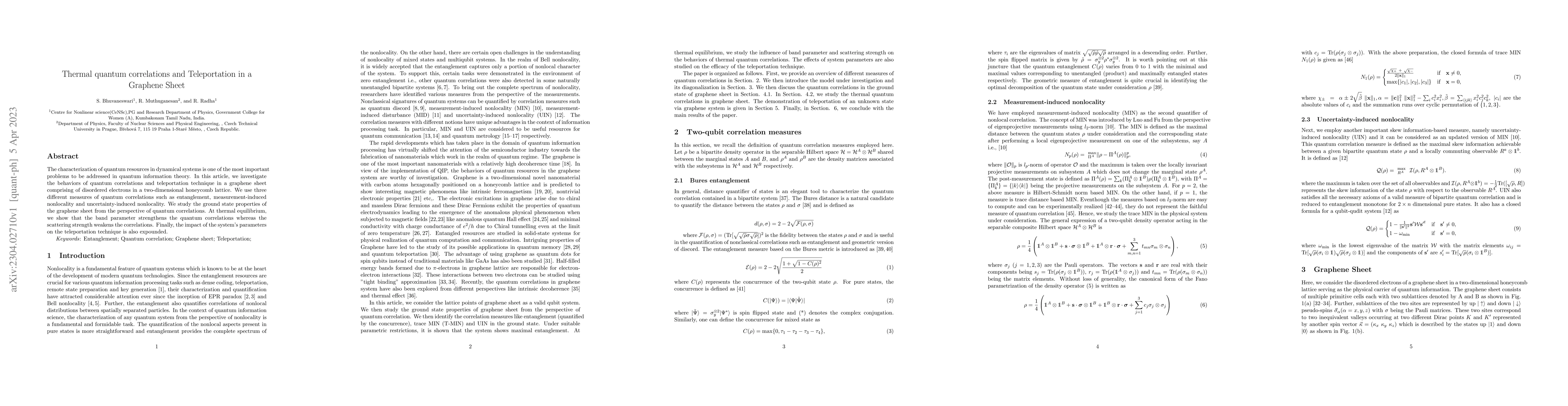 Thumbnail for Thermal quantum correlations and Teleportation in a Graphene Sheet