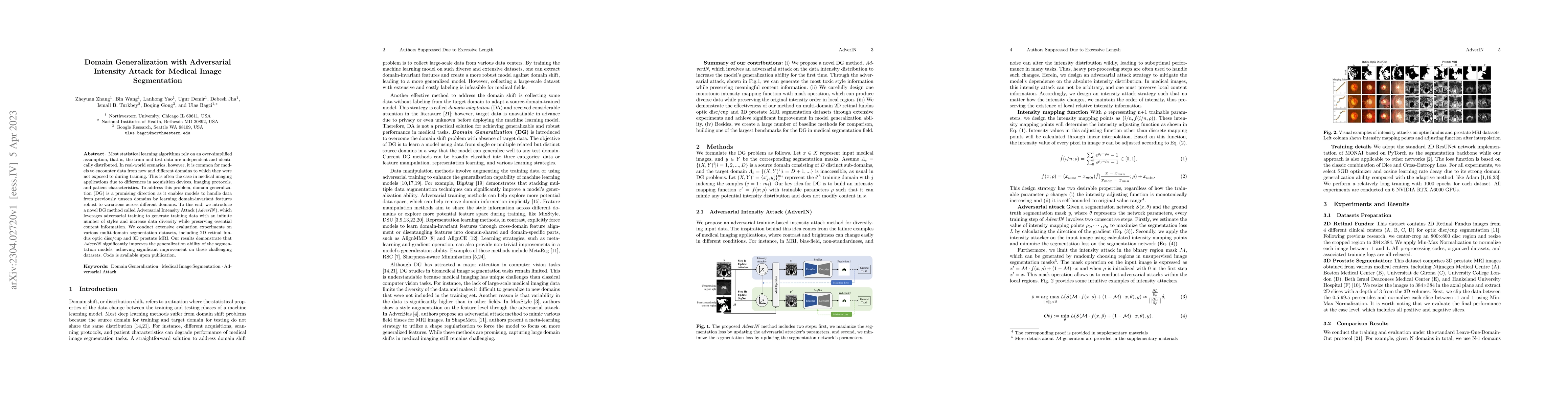 Thumbnail for Domain Generalization with Adversarial Intensity Attack for Medical
  Image Segmentation