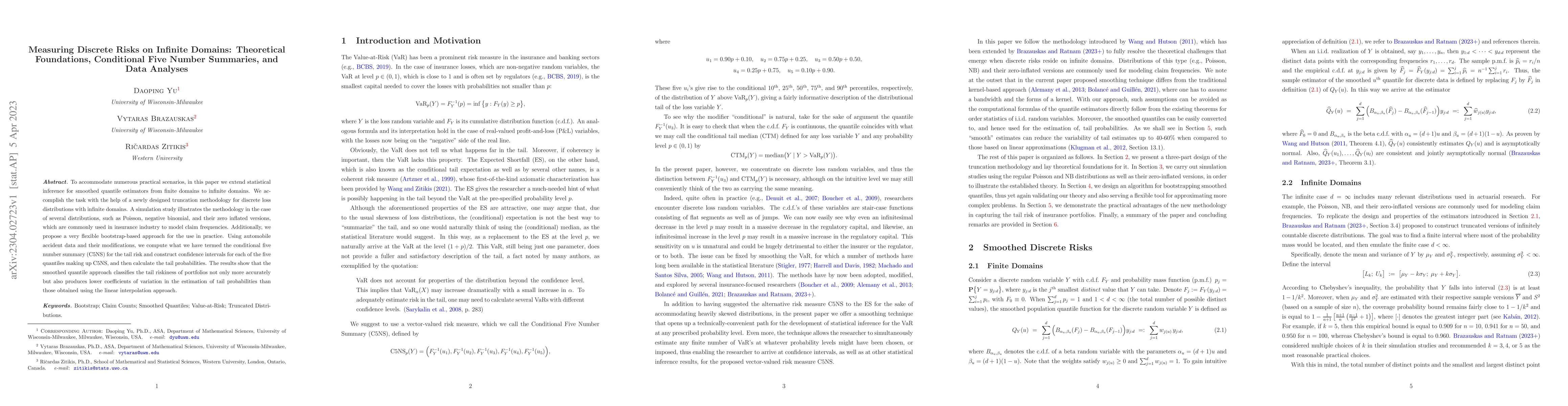 Thumbnail for Measuring Discrete Risks on Infinite Domains: Theoretical Foundations,
  Conditional Five Number Summaries, and Data Analyses