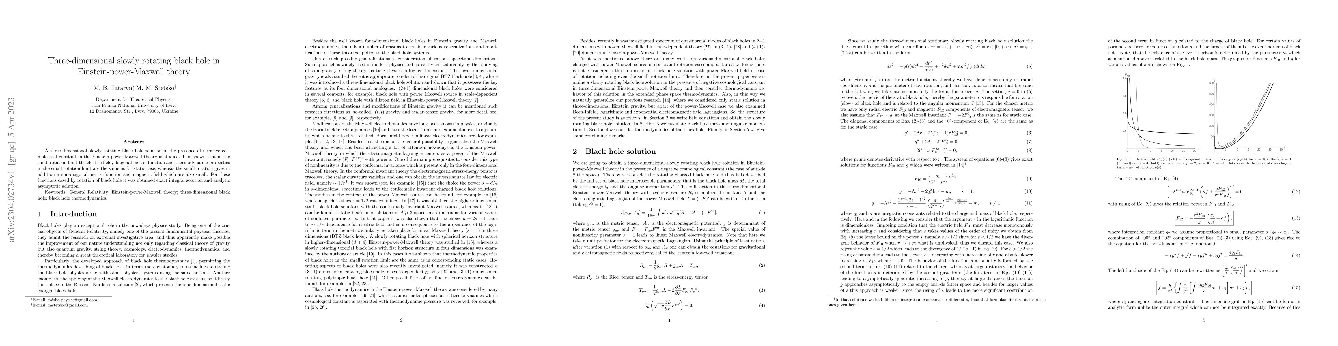 Thumbnail for Three-dimensional slowly rotating black hole in Einstein-power-Maxwell
  theory