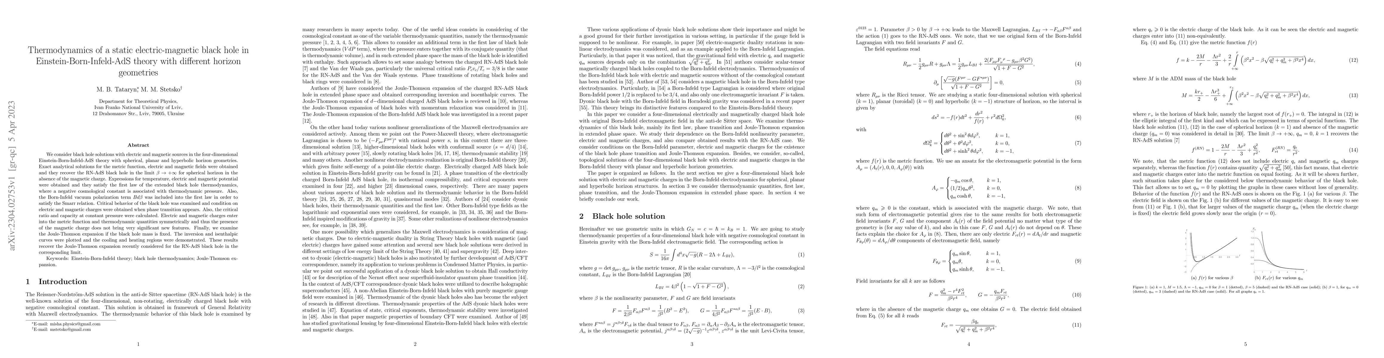 Thumbnail for Thermodynamics of a static electric-magnetic black hole in
  Einstein-Born-Infeld-AdS theory with different horizon geometries