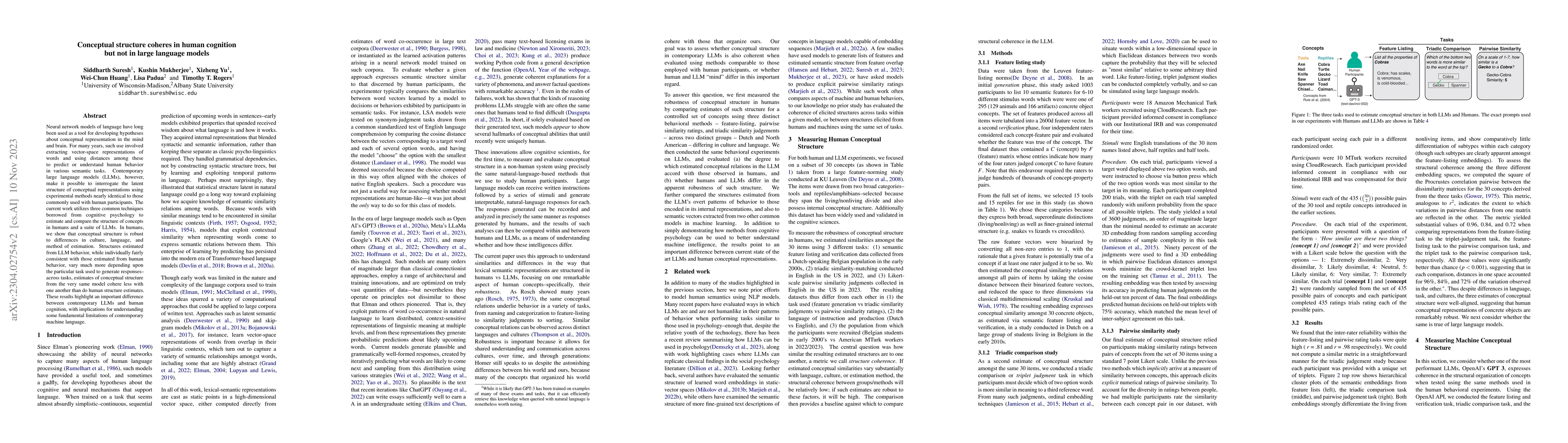 Thumbnail for Conceptual structure coheres in human cognition but not in large
  language models
