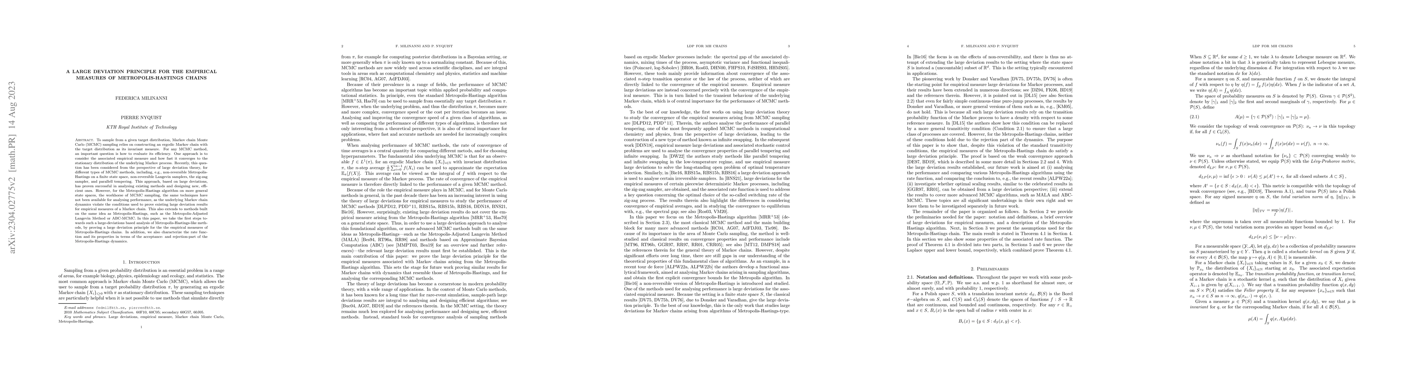 Thumbnail for A large deviation principle for the empirical measures of
  Metropolis-Hastings chains