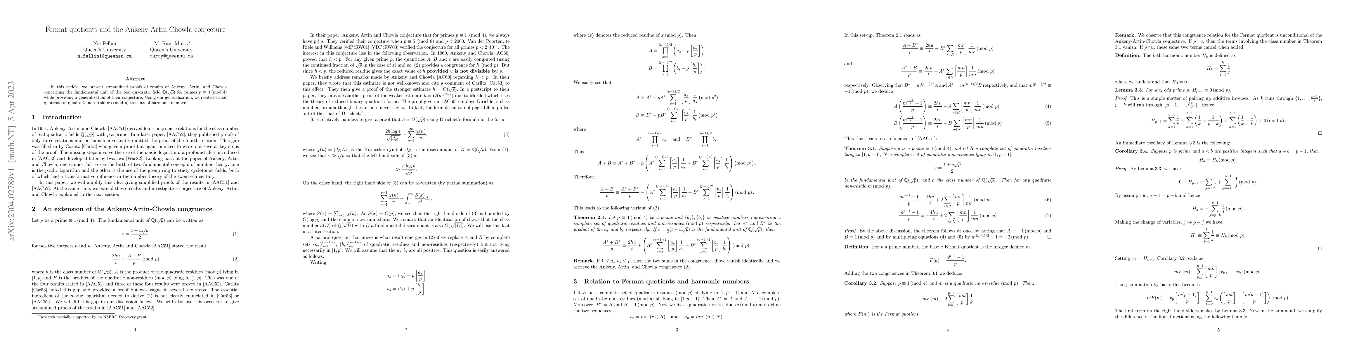 Thumbnail for Fermat quotients and the Ankeny-Artin-Chowla conjecture