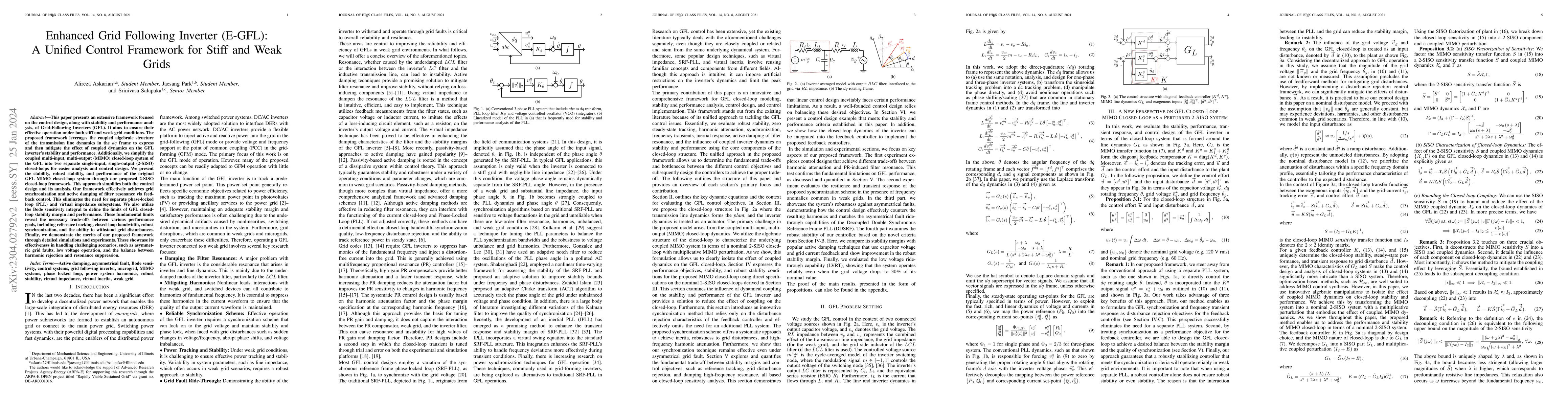 Thumbnail for Enhanced Grid Following Inverter (E-GFL): A Unified Control Framework
  for Stiff and Weak Grids