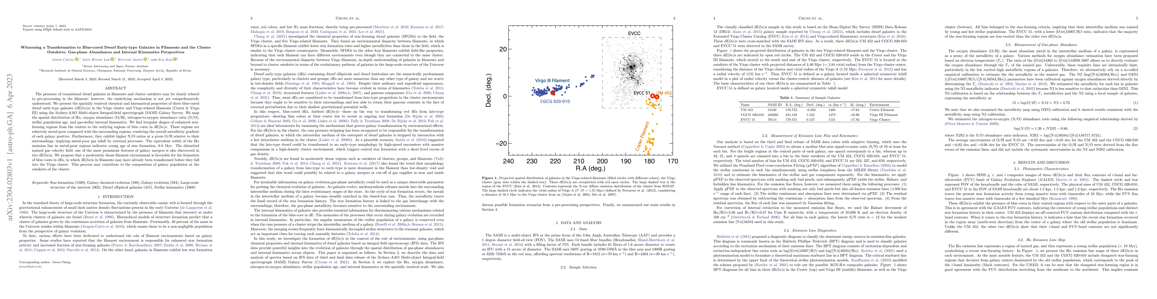 Thumbnail for Witnessing a Transformation to Blue-cored Dwarf Early-type Galaxies in
  Filaments and the Cluster Outskirts: Gas-phase Abundances and Internal
  Kinematics Perspectives