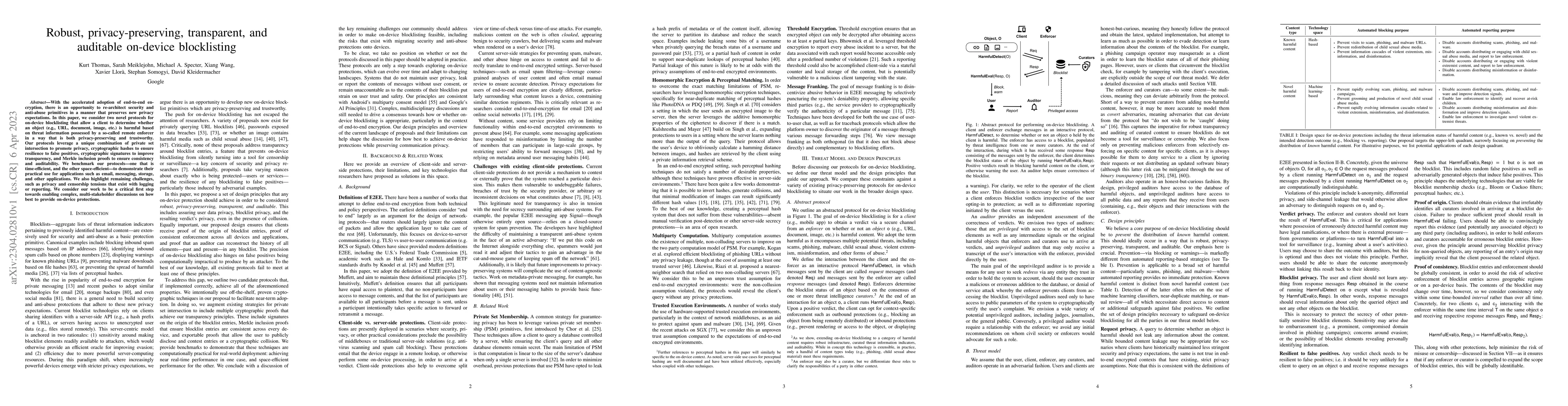 Thumbnail for Robust, privacy-preserving, transparent, and auditable on-device
  blocklisting