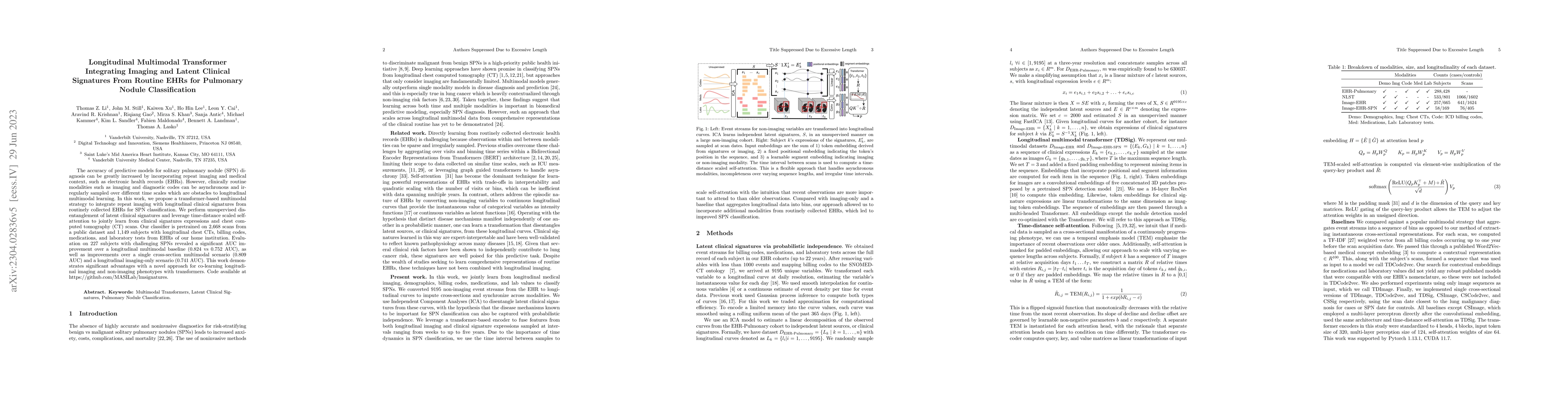 Thumbnail for Longitudinal Multimodal Transformer Integrating Imaging and Latent
  Clinical Signatures From Routine EHRs for Pulmonary Nodule Classification