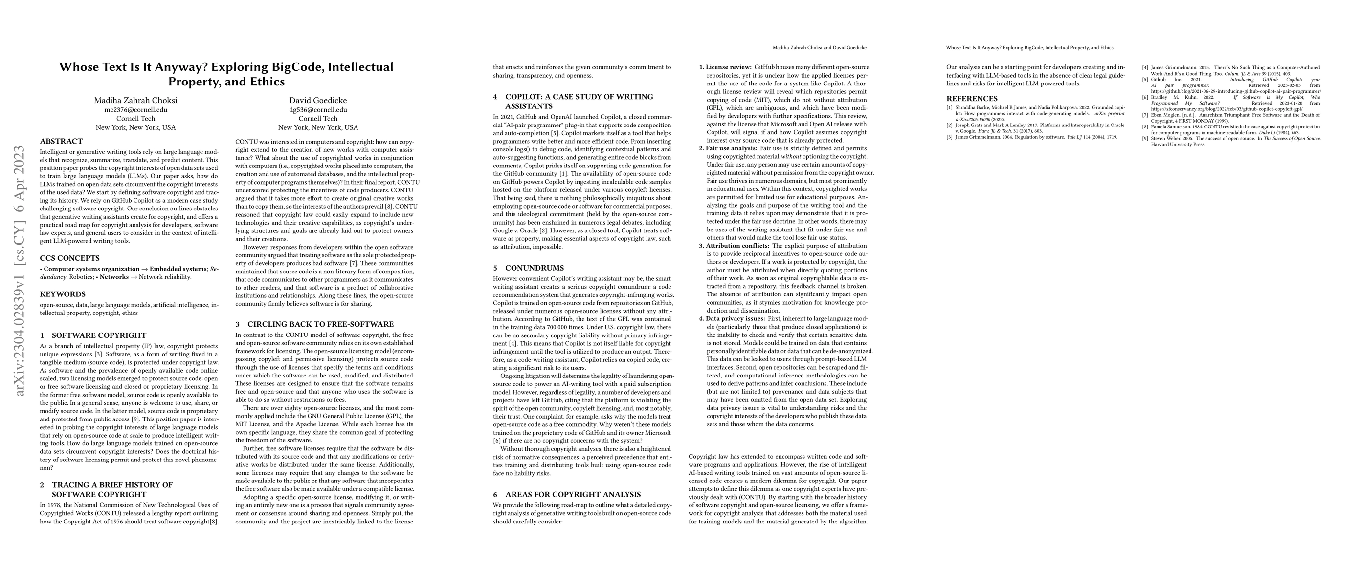 Thumbnail for Whose Text Is It Anyway? Exploring BigCode, Intellectual Property, and
  Ethics