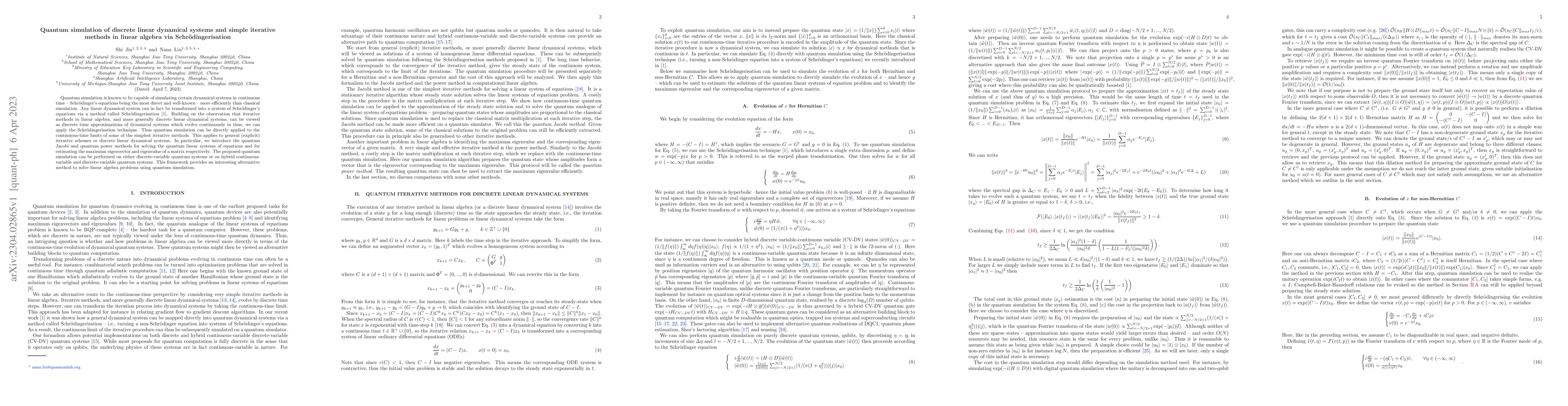 Thumbnail for Quantum simulation of discrete linear dynamical systems and simple
  iterative methods in linear algebra via Schrodingerisation