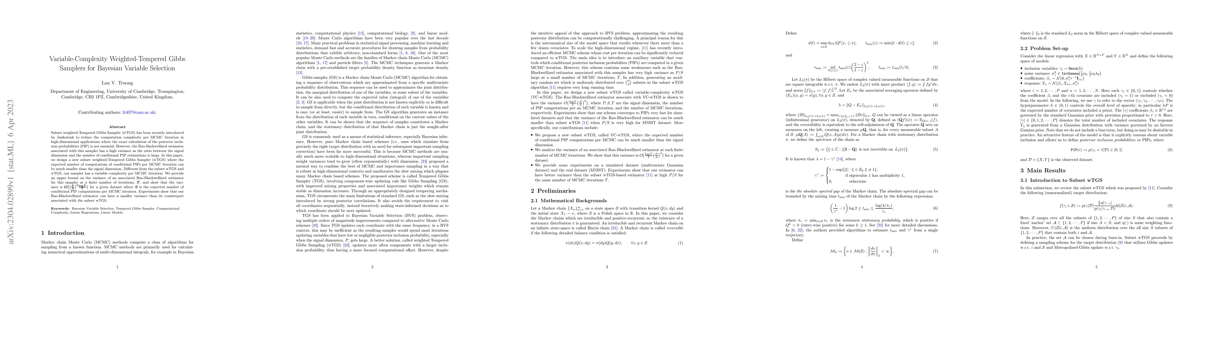 Thumbnail for Variable-Complexity Weighted-Tempered Gibbs Samplers for Bayesian
  Variable Selection