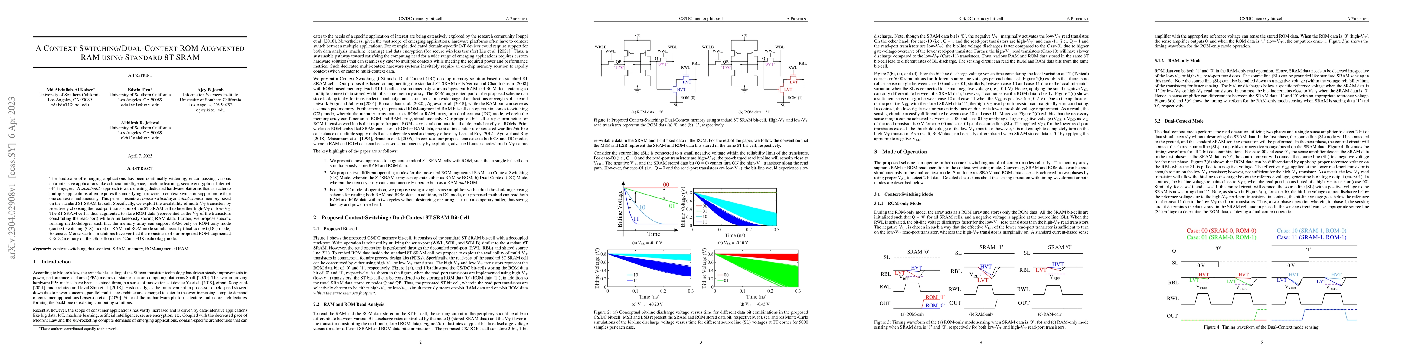 Thumbnail for A Context-Switching/Dual-Context ROM Augmented RAM using Standard 8T
  SRAM