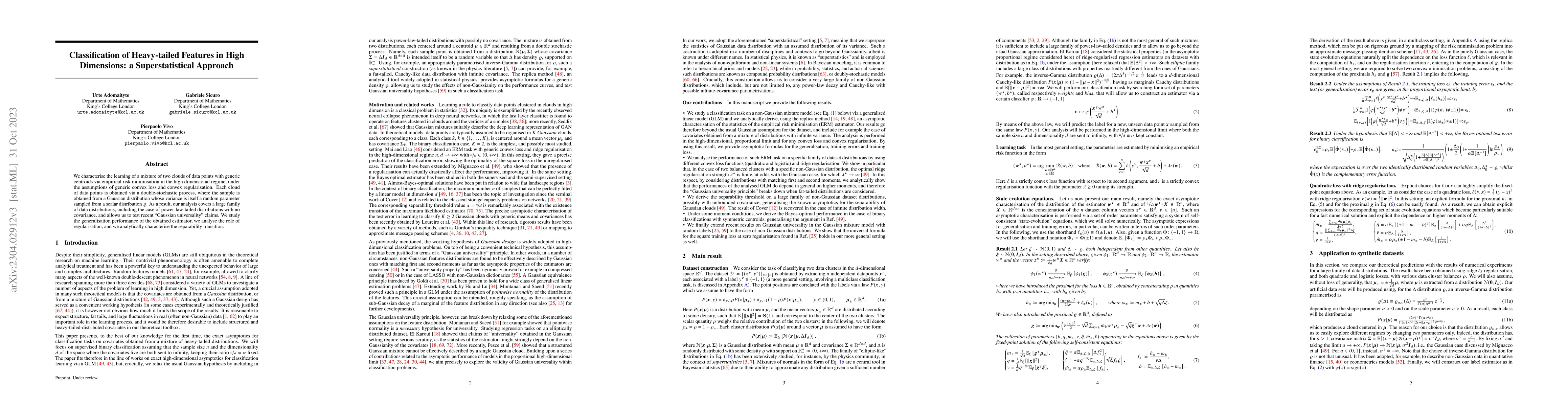 Thumbnail for Classification of Heavy-tailed Features in High Dimensions: a
  Superstatistical Approach