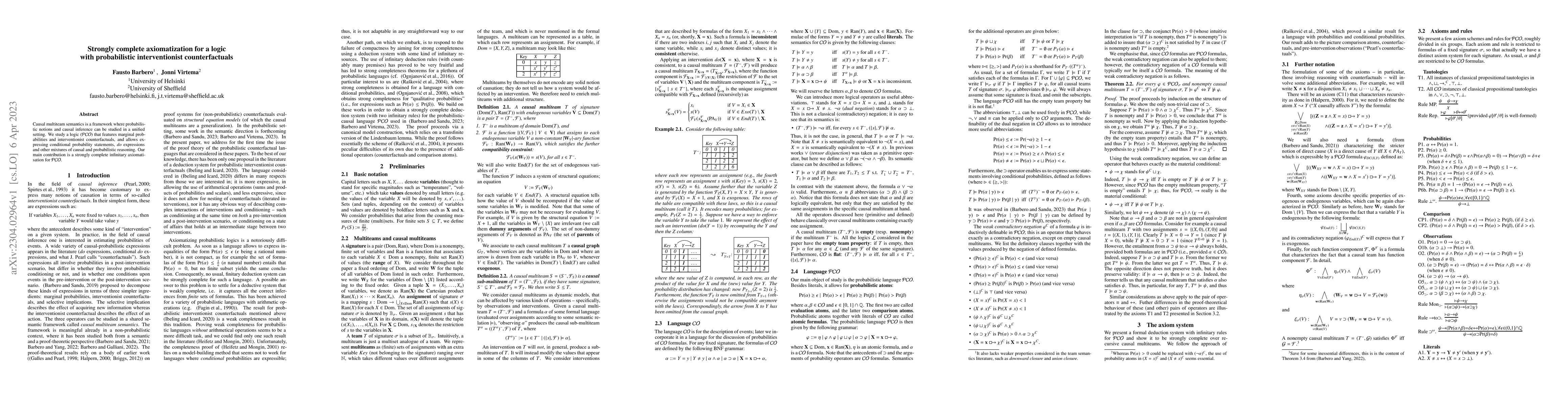 Thumbnail for Strongly complete axiomatization for a logic with probabilistic
  interventionist counterfactuals