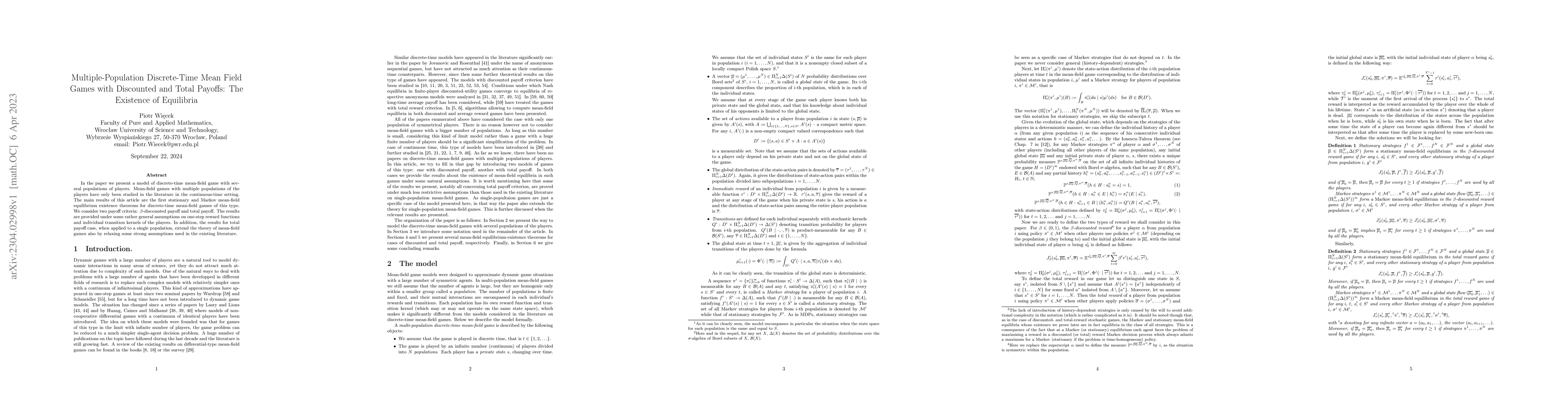 Thumbnail for Multiple-Population Discrete-Time Mean Field Games with Discounted and
  Total Payoffs: The Existence of Equilibria