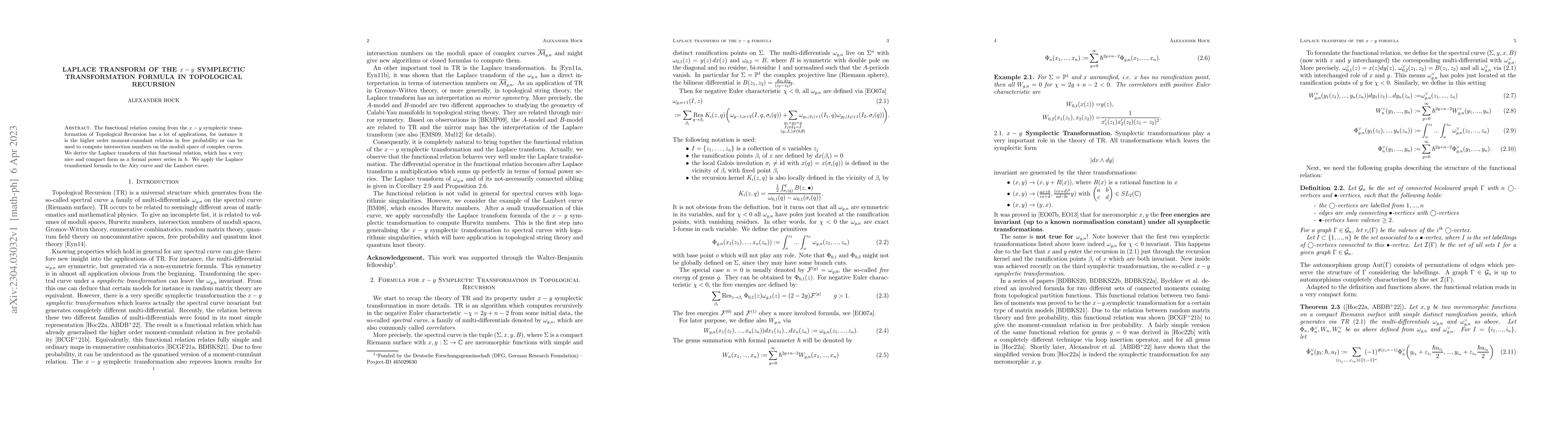 Thumbnail for Laplace transform of the $x-y$ symplectic transformation formula in
  Topological Recursion