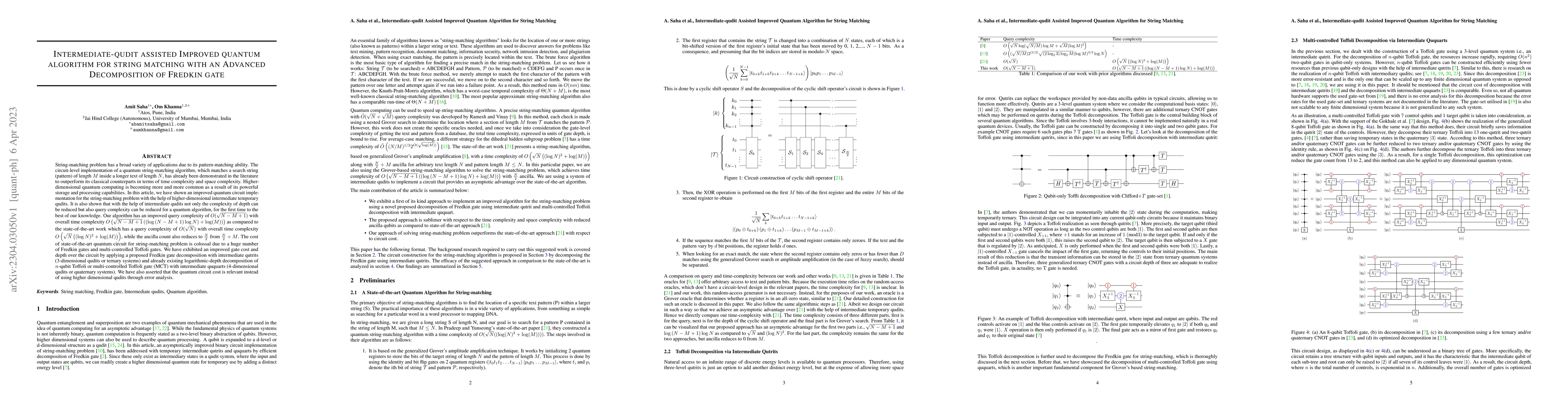 Thumbnail for Intermediate-qudit assisted Improved quantum algorithm for string
  matching with an Advanced Decomposition of Fredkin gate