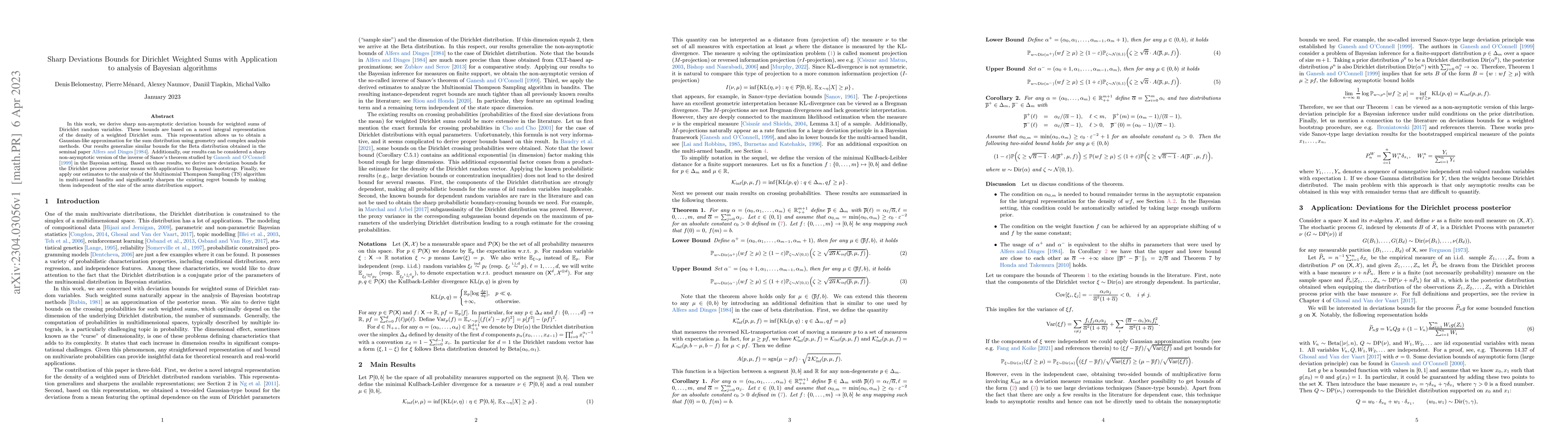 Thumbnail for Sharp Deviations Bounds for Dirichlet Weighted Sums with Application to
  analysis of Bayesian algorithms
