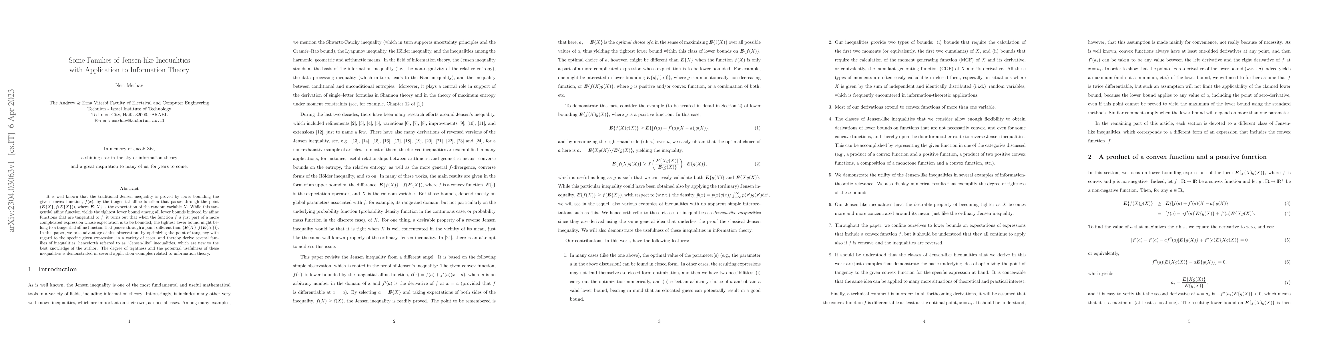 Thumbnail for Some families of Jensen-like inequalities with application to
  information theory