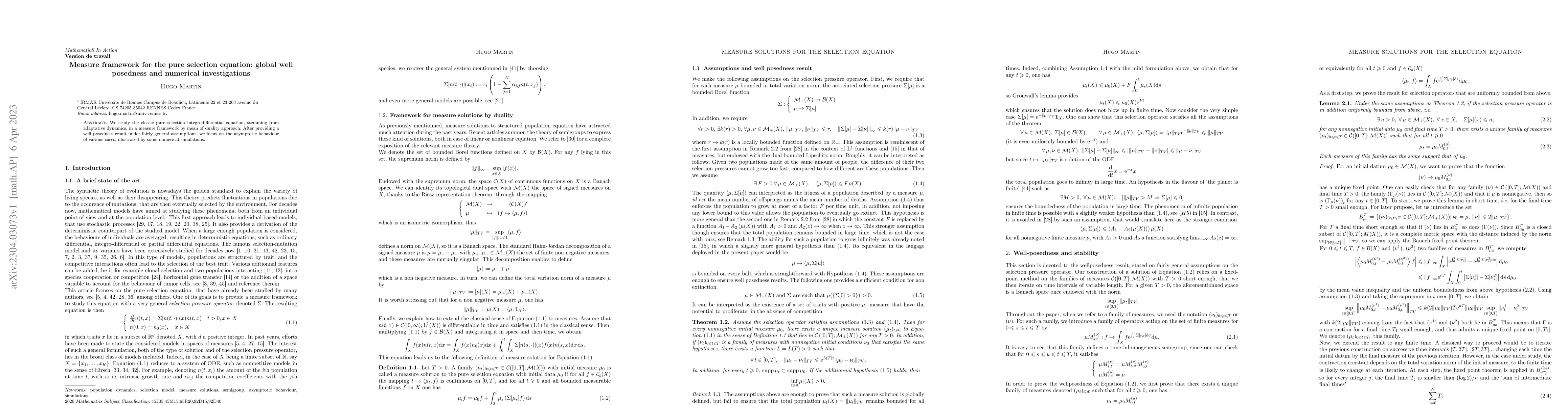 Thumbnail for Measure framework for the pure selection equation: global well posedness
  and numerical investigations