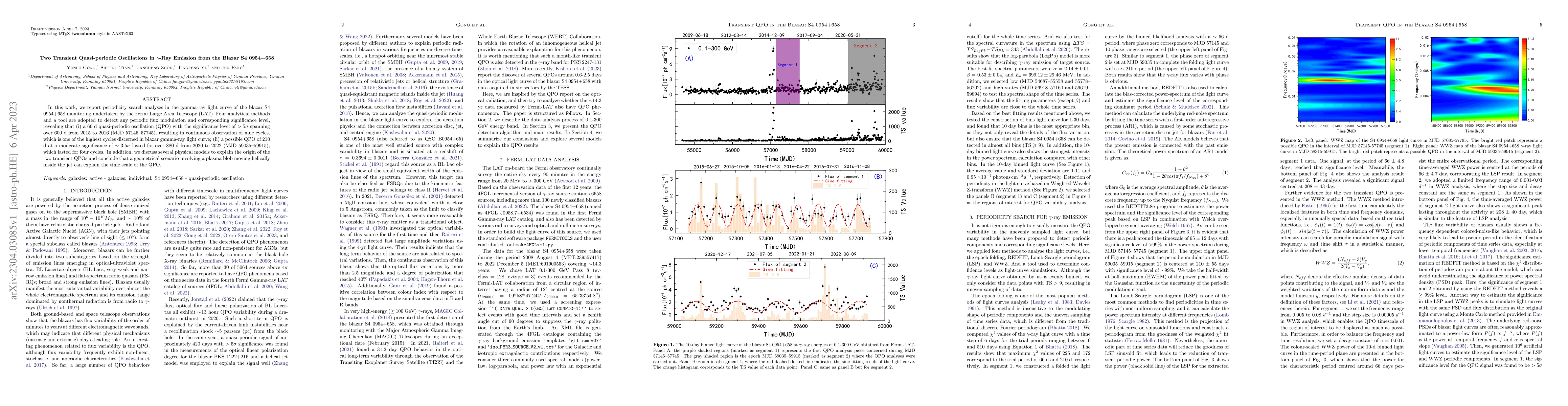 Thumbnail for Two Transient Quasi-periodic Oscillations in $\gamma$-Ray Emission from
  the Blazar S4 0954+658