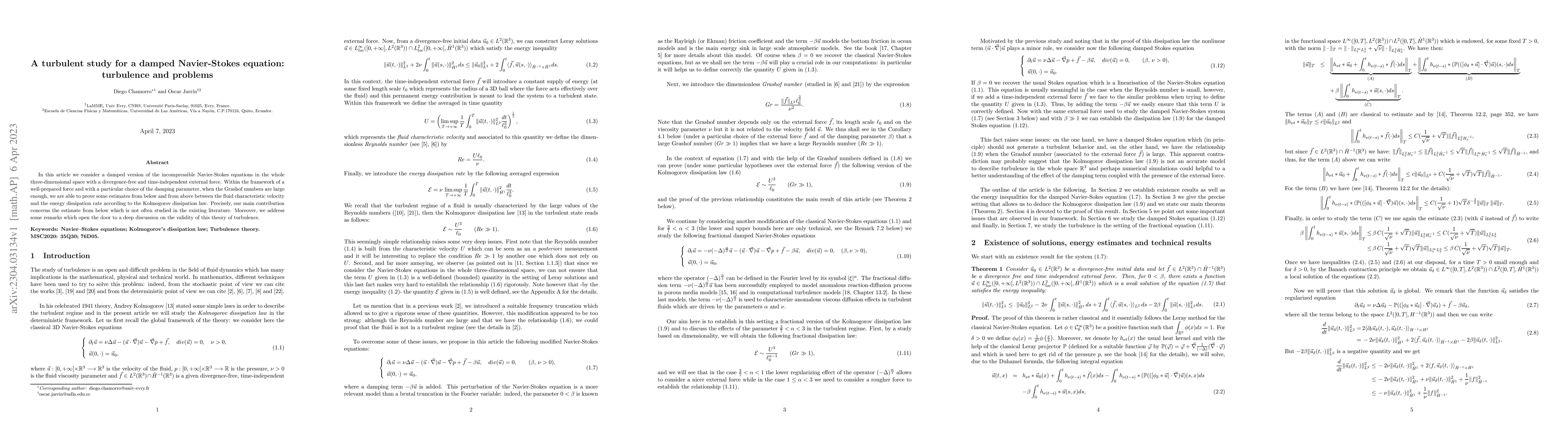 Thumbnail for A turbulent study for a damped Navier-Stokes equation: turbulence and
  problems