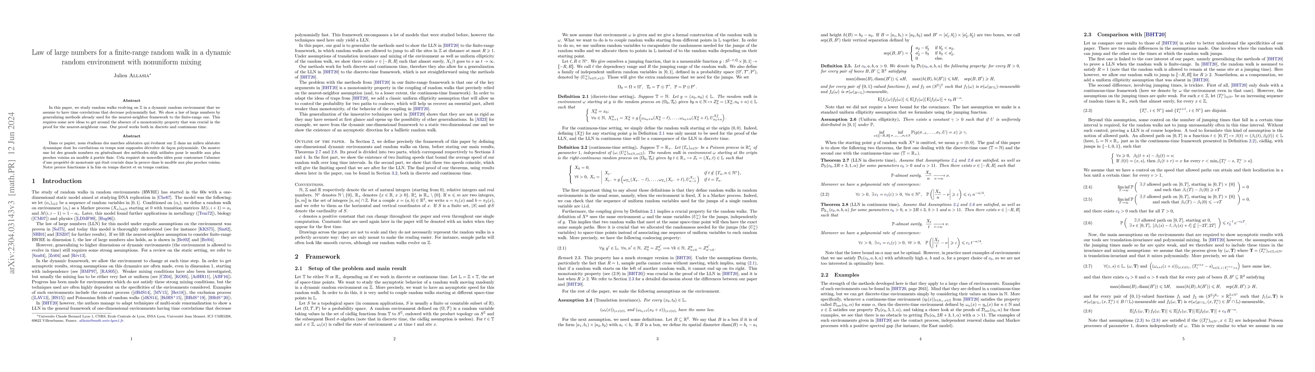 Thumbnail for Law of large numbers for a finite-range random walk in a dynamic random
  environment with nonuniform mixing