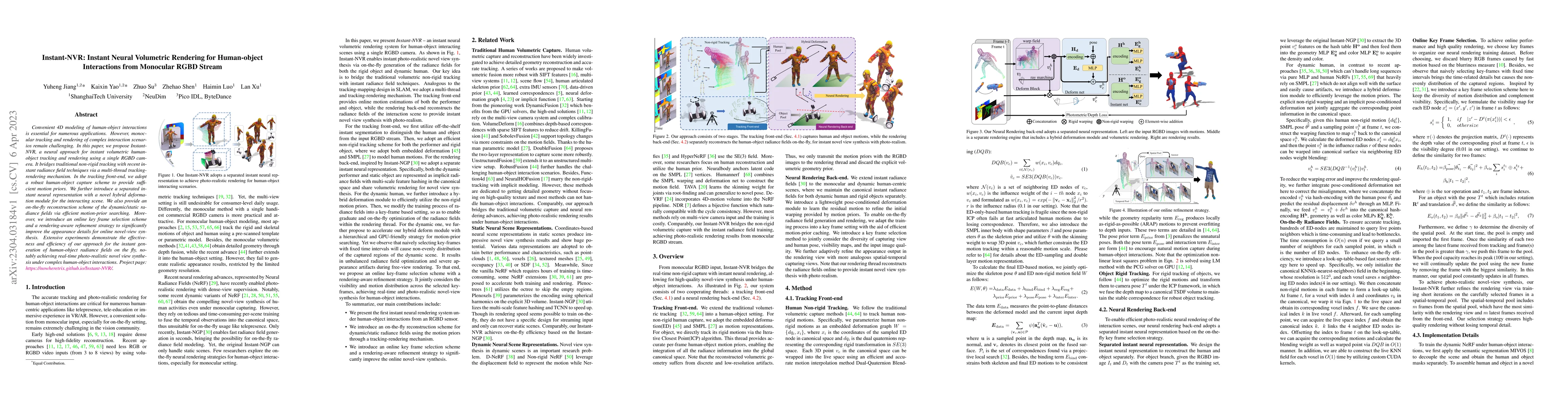 Thumbnail for Instant-NVR: Instant Neural Volumetric Rendering for Human-object
  Interactions from Monocular RGBD Stream