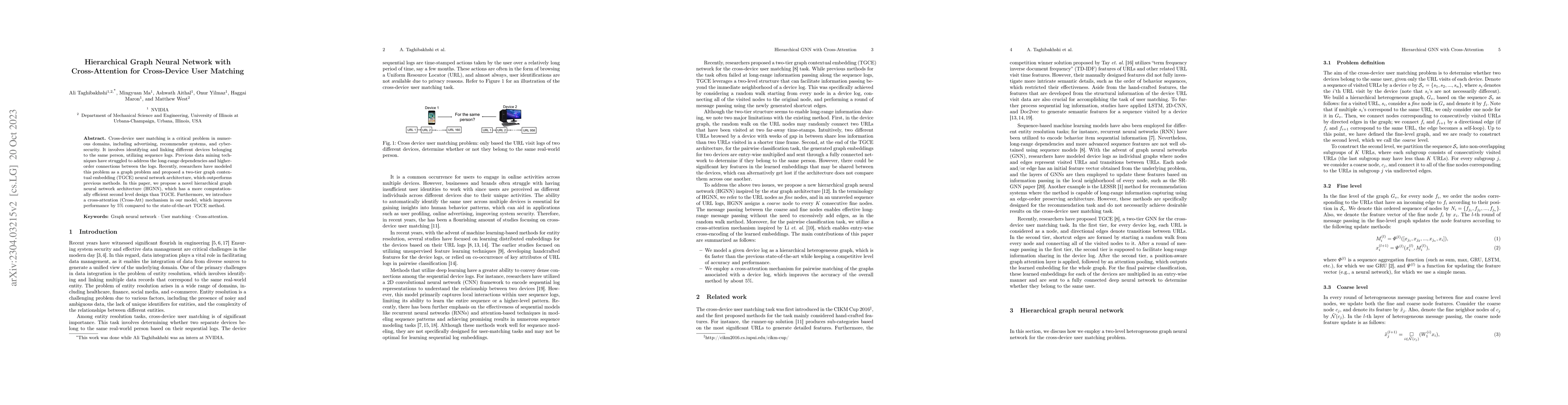 Thumbnail for Hierarchical Graph Neural Network with Cross-Attention for Cross-Device
  User Matching