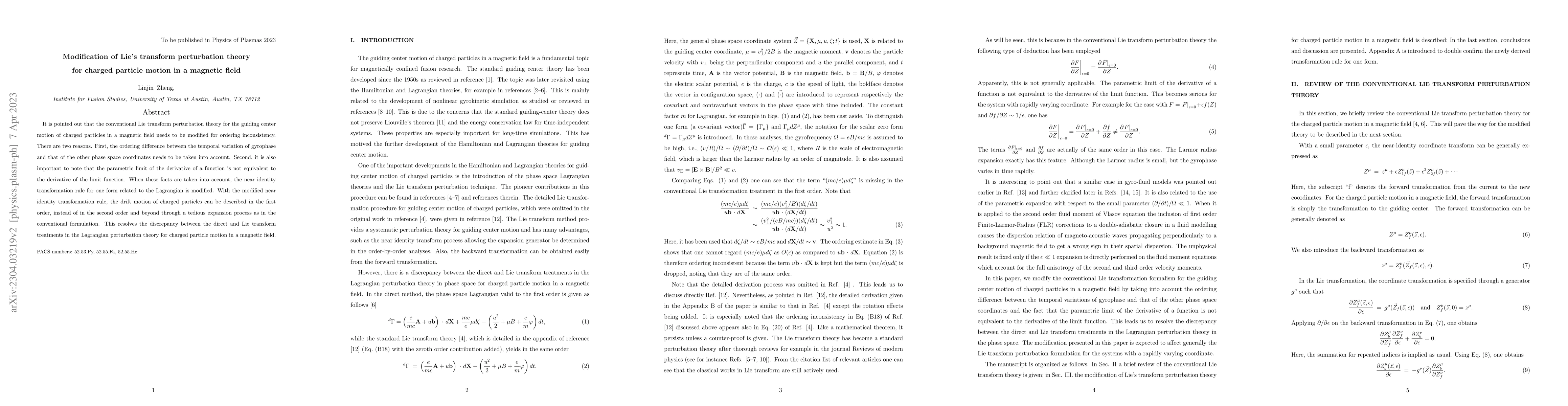 Thumbnail for Modification of Lie's transform perturbation theory for charged particle
  motion in a magnetic field
