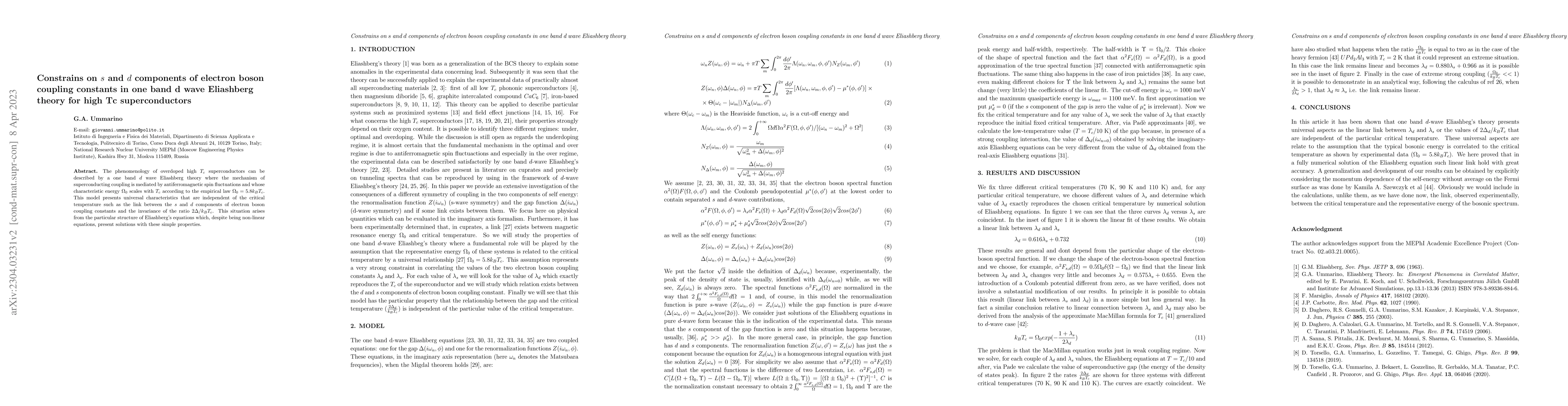 Thumbnail for Constrains on s and d components of electron boson coupling constants in
  one band d wave Eliashberg theory for high Tc superconductors
